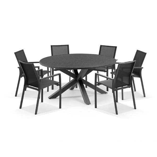 Houston Outdoor 1.5m Round Aluminium Table with 6 Patonga Dining Chairs - Outdoor Aluminium Dining Settings Charcoal