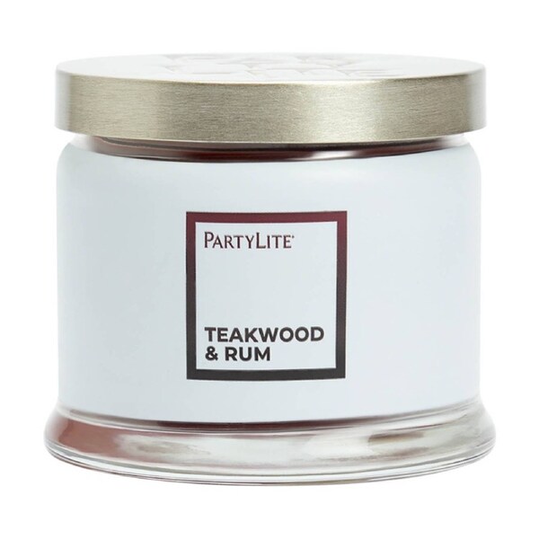 Partylite Teakwood And Rum 3-Wick Exotic Scented Glass Candle Jar Maroon