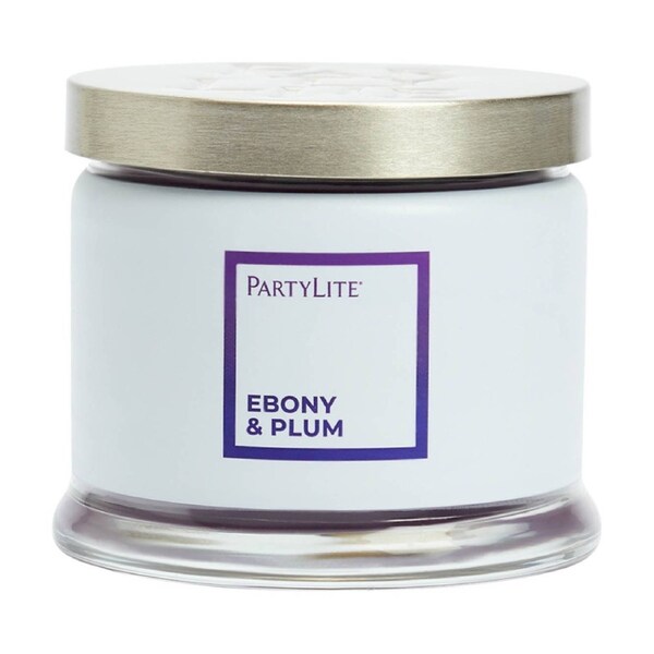 Partylite Ebony and Plum 3-Wick Fruity Scented Glass Candle Jar Purple 9x11cm