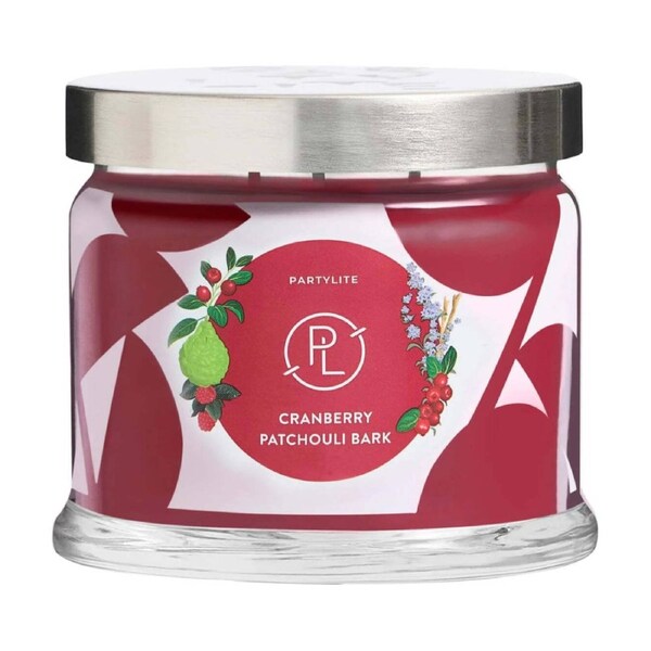 Partylite Cranberry Patchouli Bark 3-Wick Indulgent Glass Candle Jar Purple