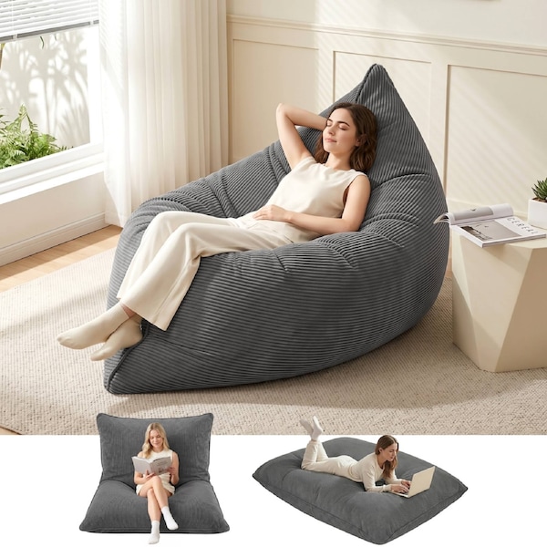 Artiss 3 in 1 Bean Bag Chair Cover No Filler Convertible Corduroy Bean Bag Cover Washable Grey