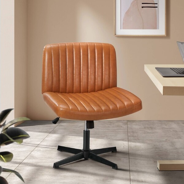 Oikiture Mid Back Armless Office Desk Chair Wide Seat Leather/Sherpa/Linen D1-Leather/Brown