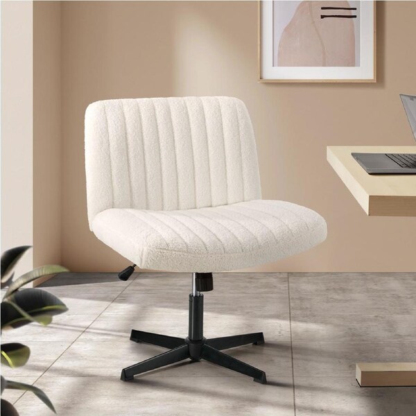 Oikiture Mid Back Armless Office Desk Chair Wide Seat Leather/Sherpa/Linen D1-Sherpa/White