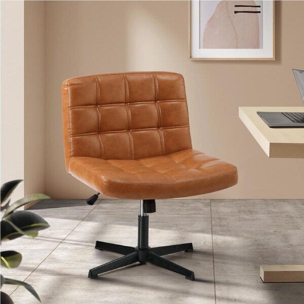Oikiture Mid Back Armless Office Desk Chair Wide Seat Leather/Sherpa/Linen E1-Leather/Brown