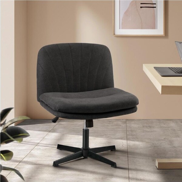 Oikiture Mid Back Armless Office Desk Chair Wide Seat Leather/Sherpa/Linen E2-Faux Linen/Charcoal