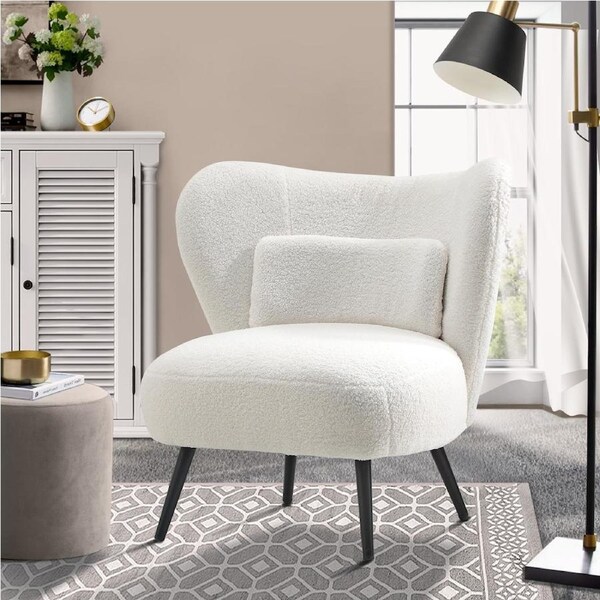 Oikiture Armchair Lounge Chair with Lumbar Pillow Wingback Velvet/Boucle White