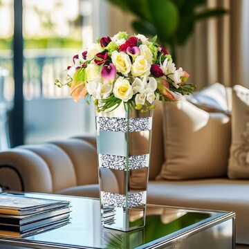 P&P Mirrored Flower Vase Crushed Diamonds Silver Table Centerpiece Decorative Vases