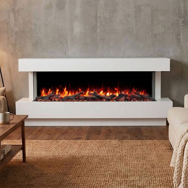 Devon 1600W 3-Sided 59 Inch Electric Fireplace with White Mantel Suite