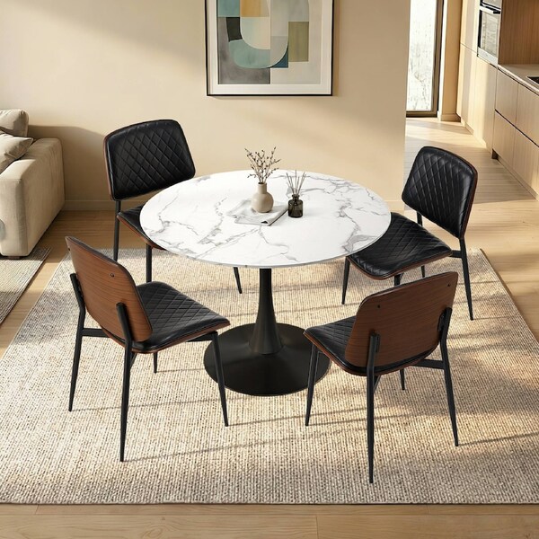 Oikiture 4 Seater Dining Table Set 90cm Round Table and Dining Chairs PU Leather