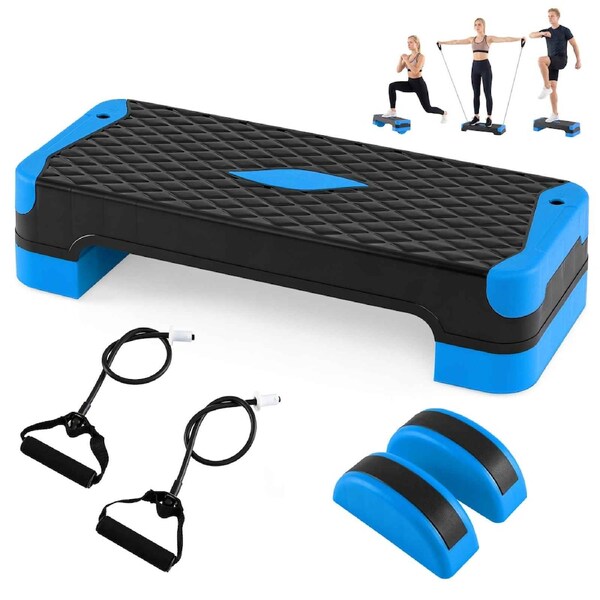 Costway 3-in-1 Aerobic Step Platform Set 300 KG Adjustable Workout Stepper 2 Stackable Risers & Balance Trainers Blue