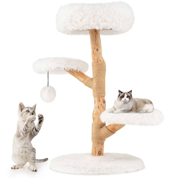 Costway Modern Solid Wood Branch Cat Tree Tower Jute Scratching Posts Ball Padded Perch Platforms Washable Cushion Pet
