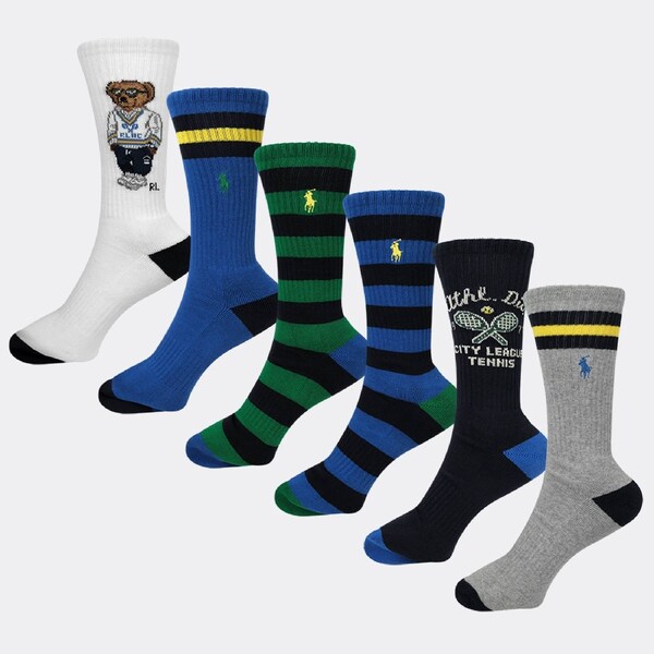 Polo Ralph Lauren Men's Athletic Club Bear Crew 6-Pack Socks Navy/White Assorted US 10-13