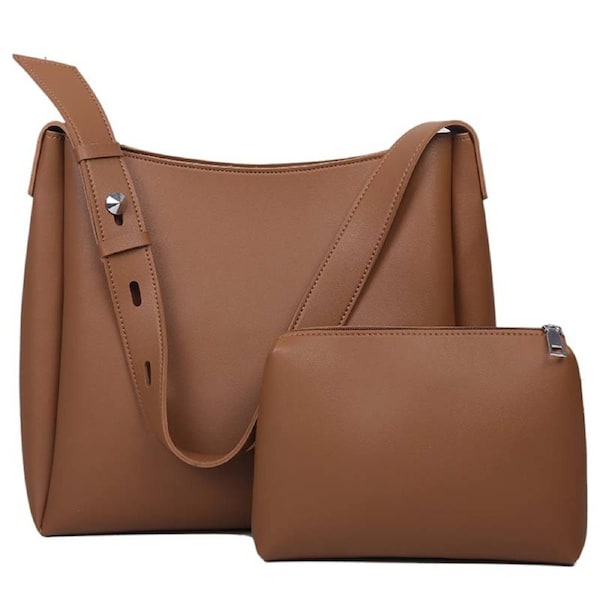 Brown 2Piece Women'S Bucket Bag Set Vintage Large Capacity Shoulder Tote & Crossbody Bag (Commute