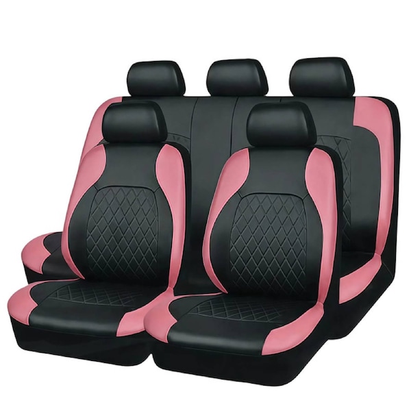 Catzon Car Seat Covers Full Set Thickened Leather Seat Protectors Universal Fit Most Vehicles-Pink