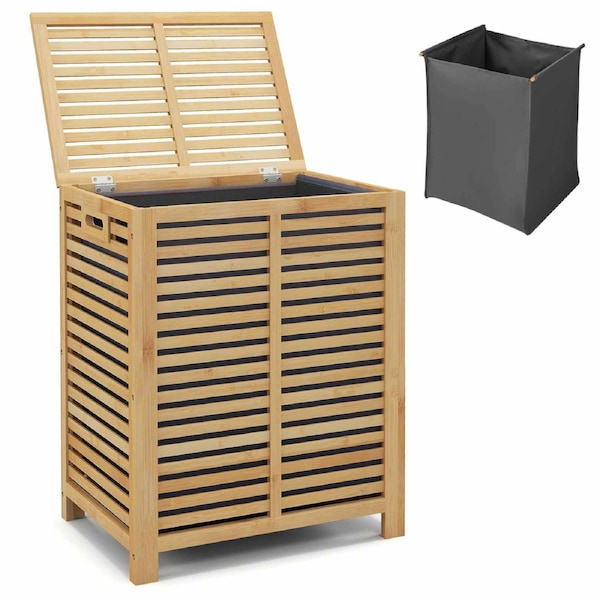 Costway Laundry Hamper Basket w/Lid Rectangular Organiser Removable Inner Bag Bamboo Storage Legs 50x35x62cm Natural