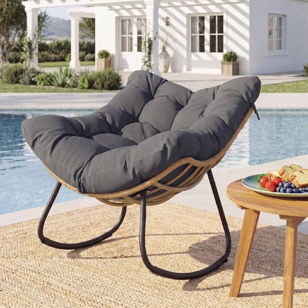 Costway Outdoor Papasan Rocking Chair Oversized PE Wicker Egg Chair Lounge Rocker Cushion Metal Frame Indoor Grey