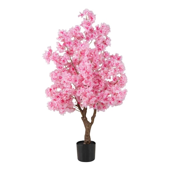 Costway 120CM Artificial Cherry Blossom Tree Fake Flower Tree Potted Floral Plant Faux Blooming Multi-brunch Trunk