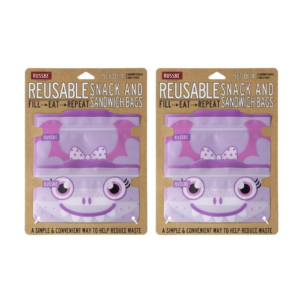 2x 4pc Russbe Reusable Locking Seal Snack Sandwich Bags Set Purple Monster
