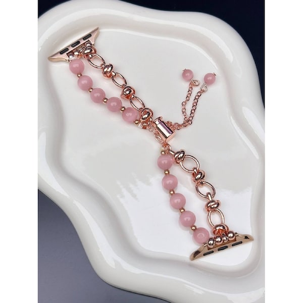 2-pcs Pink Elegant Cat's Eye Beaded Bracelet Band for Apple Watch - Women's Luxury Strap (Compatible Size :42/44/45MM )