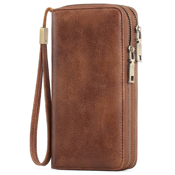 Brown Double Zipper Women's Wallet - Large Capacity Clutch Organizer with Wristlet Strap