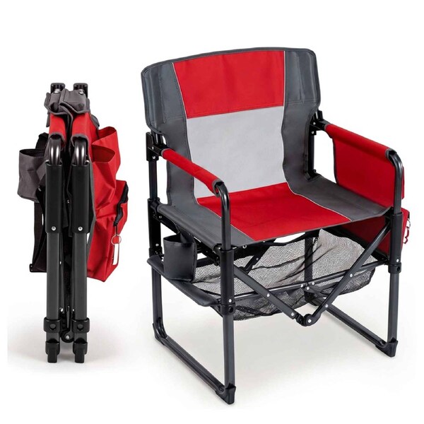 Costway Outdoor Camping Chair Folding Lawn Chair Cup Holder Pocket Bottle Opener Mesh Shelf Carbon Steel Portable Fishing Red