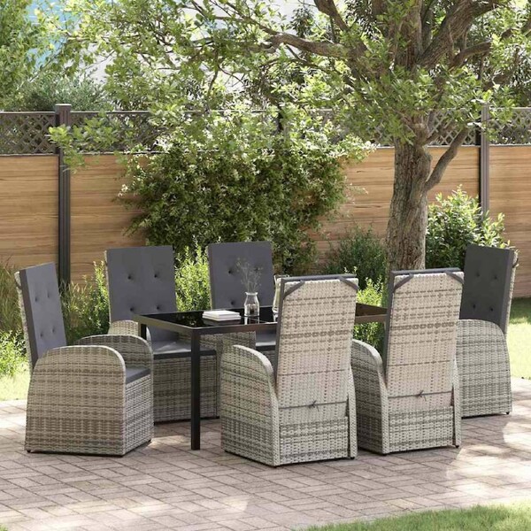 Garden Dining Set with Cushion 7 pcs Grey Poly Rattan vidaXL