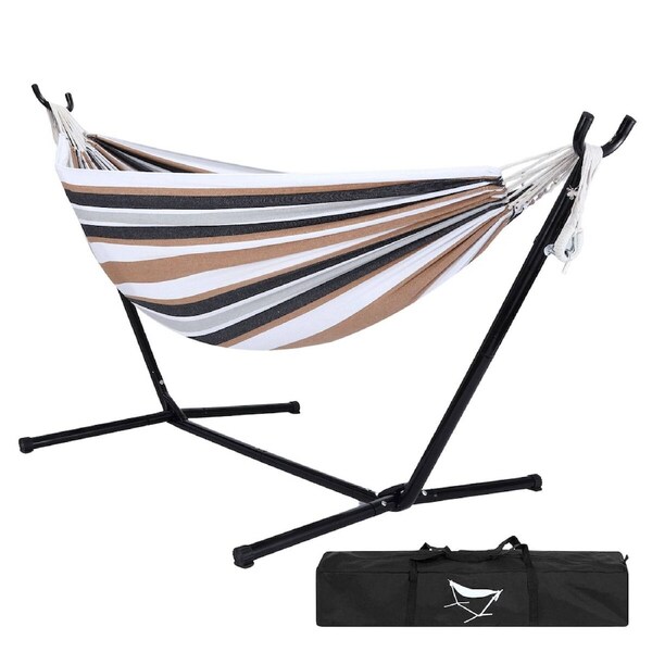 Double Hammock w/ Steel Stand & Carry Bag 2 Person Lounge Camping Bed, 200KG Capacity, 260x107x100cm