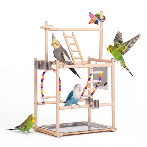 Advwin Bird Stand Perch 3 Tier Portable Wooden Bird Stand Playground with Waste Tray