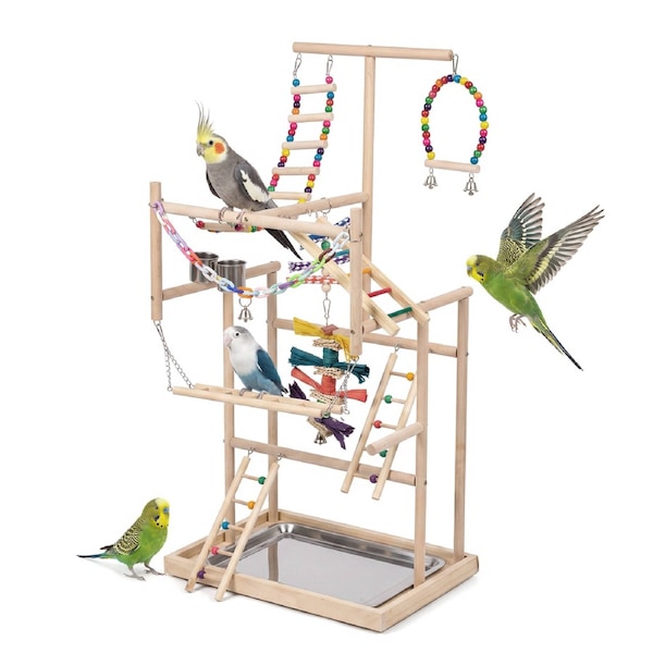 Advwin Bird Stand Perch 4 Tier Portable Wooden Bird Stand Playground with Waste Tray