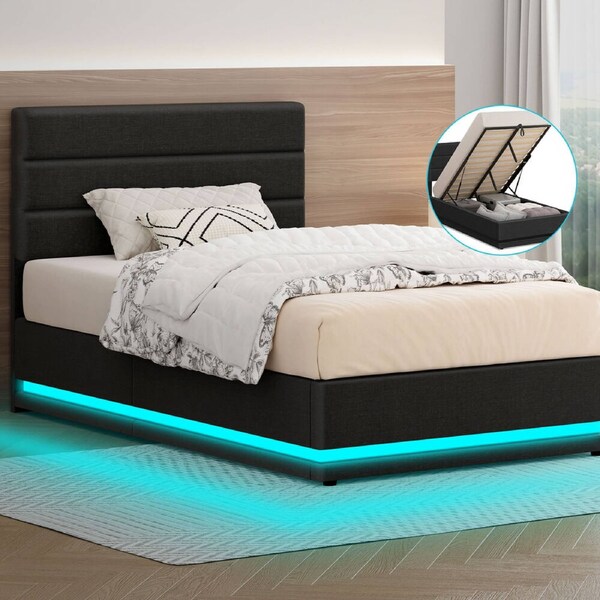 ALFORDSON Bed Frame King Single Platform RGB LED Gas Lift Storage Base Charcoal