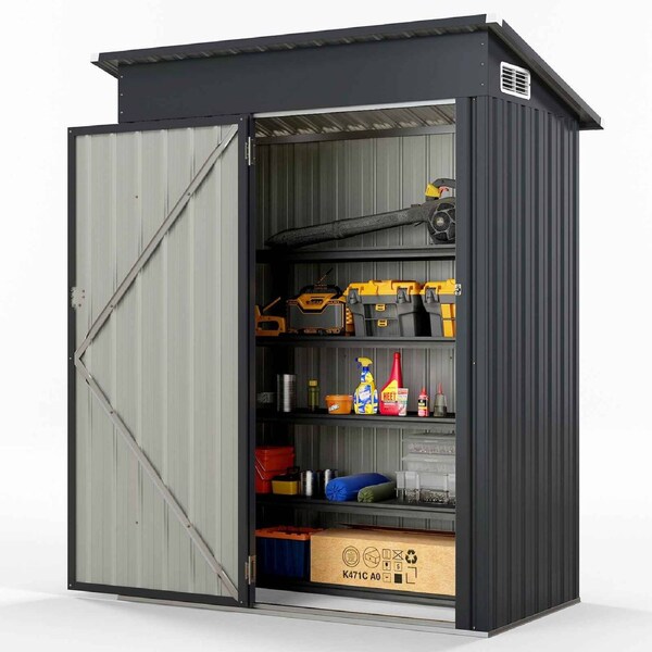Costway Outdoor Storage Shed Garden Tool Organizer Galvanized Metal Garbage House Shutter Vent Sloping 150x88x185cm