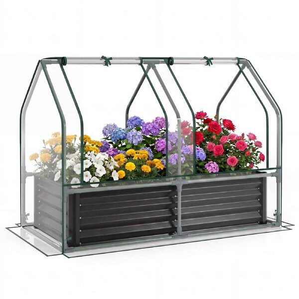 Costway 120x60x30cm Galvanized Raised Garden Bed w/Greenhouse Cover Planter Box Dual Roll-up Window Black