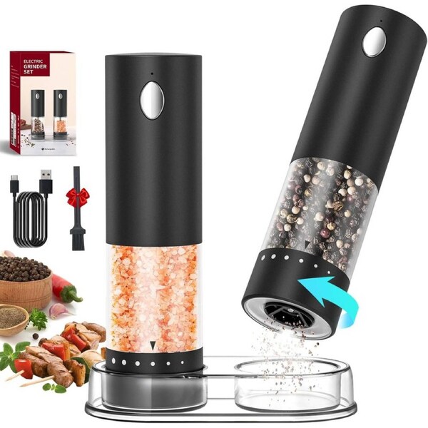 CIRCLE JOY Electric Salt and Pepper Grinder Set with 6 Levels External Adjustable Coarseness, Dustproof Storage Base, Automatic Pepper Mill Shakers Set for Kitchen, White LED Light