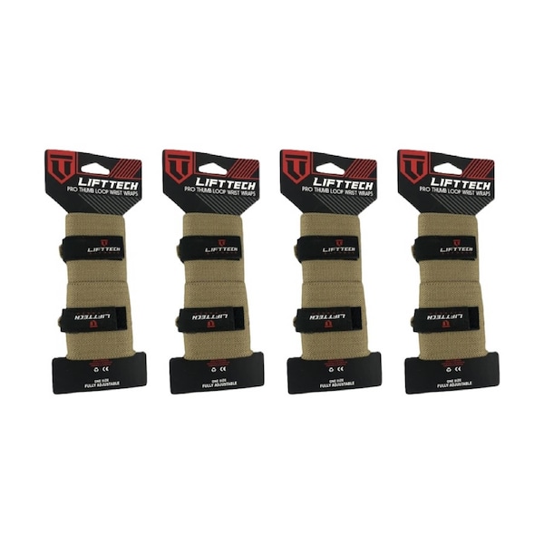 4x 2pc Lift-Tech Pro Thumb Loop Wrist Support Adjustable Wrap Tan 20in