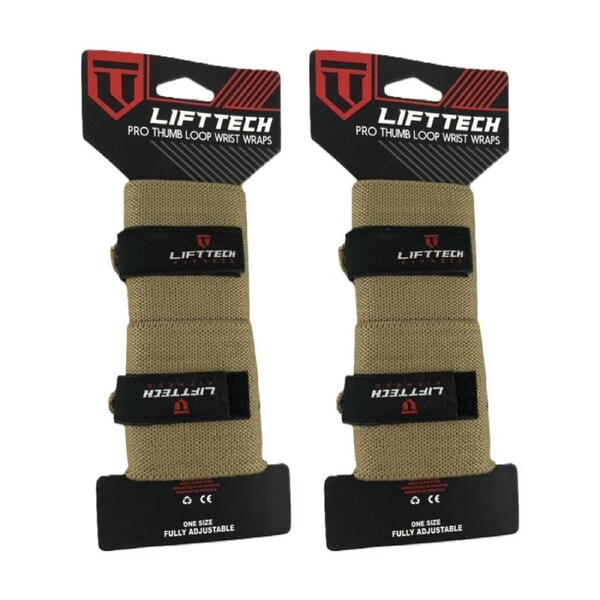 2x 2pc Lift-Tech Pro Thumb Loop Wrist Support Adjustable Wrap Tan 20in
