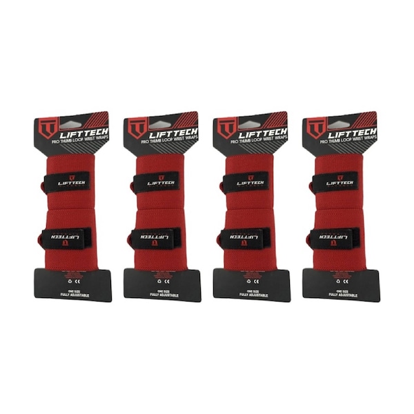 4x 2pc Lift-Tech Pro Thumb Loop Wrist Support Adjustable Wrap Red 20in