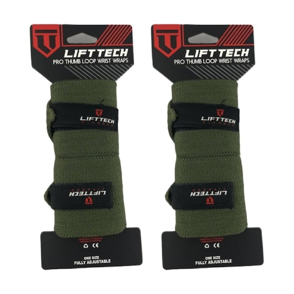 2x 2pc Lift-Tech Pro Thumb Loop Wrist Support Adjustable Wrap Army Green 20in