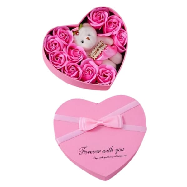 11Pcs Valentine'S Soap Flower Gift Set With Teddy Bear (Pink)