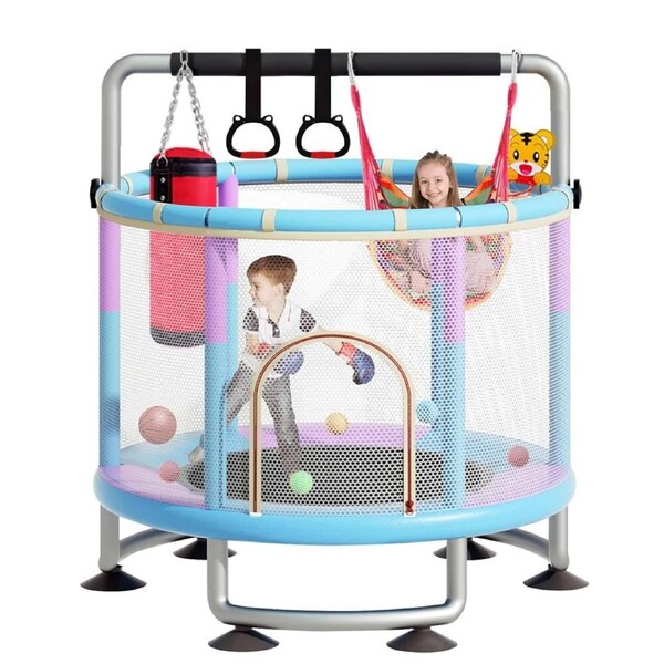 60 Inch Kids Trampoline With Safety Enclosure, 200kg Capacity, Adjustable Bar, Indoor Outdoor Play Set