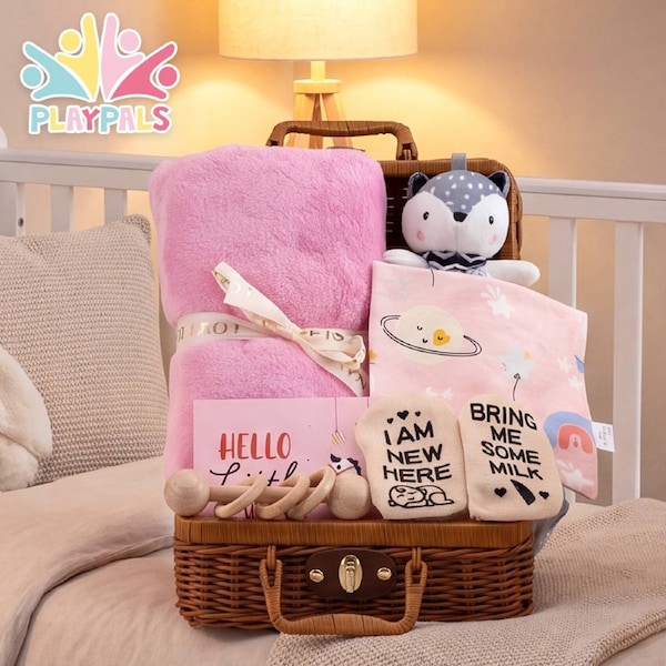 Playpals Newborn Baby Gift Set Flannel Banket/Rattle/Comforter/Bib/Socks Pink