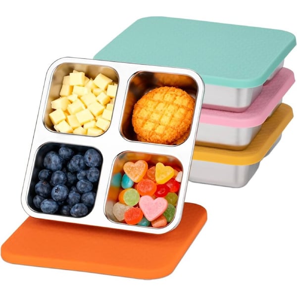 4 Pack Stainless Steel Snack Containers with Lids,Container 4 Compartment Snack Containers, Small Bento Lunch Box Divided