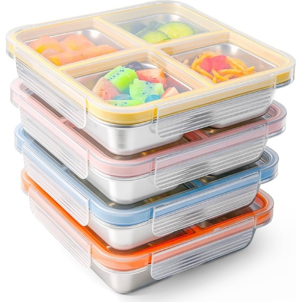 4 Pack Stainless Steel Snack Containers with Lids, 4-Compartment Leakproof Bento Snack Boxes