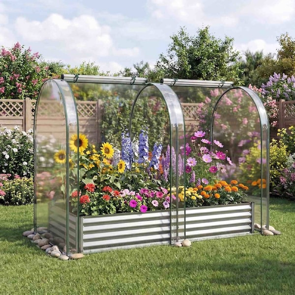 Costway 180x90x30cm Galvanized Raised Garden Bed w/Clear PVC Mini Greenhouse Cover Planter Box 2 Roll-up Window Silver