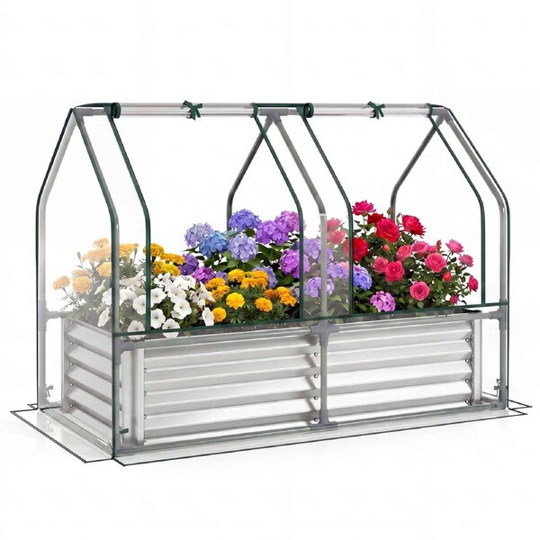 Costway 120x60x30cm Galvanized Raised Garden Bed w/Greenhouse Cover Planter Box Dual Roll-up Window Silver