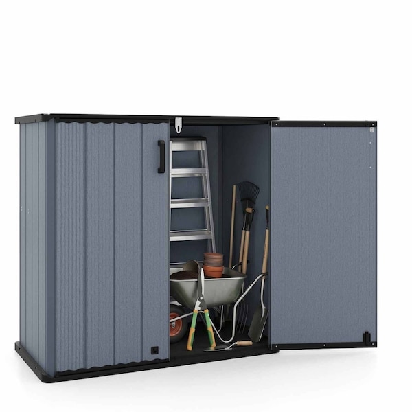 Costway Outdoor Storage Shed 665 L All-Weather Box Grooved Roof Waterproof Garden Tool Shed w/Floor Lockable Door Grey