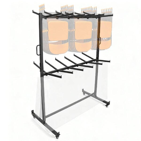 2-Tier Rolling Table Chair Rack Cart for 84 Chairs or 42 chairs and 12 Table Storage Adjustable Mobile Stackable Folding Chair Dolly with 360 Swivel Wheels