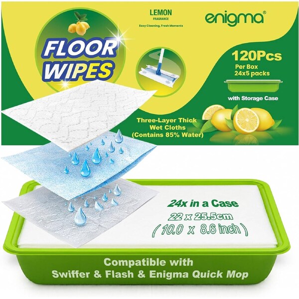 Floor Wipe Refill 120piece for Swiffer & Enigma Quick Mop, Disposable Wet Pads, Extra thick, 120 Count (24 x 5 Pack), for floor cleaners