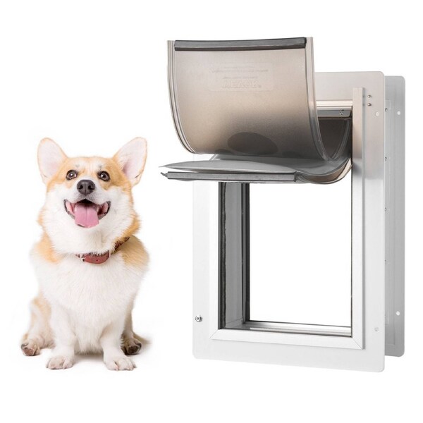 Pet Door, 23.6 x 33.5 cm Metal Frame with Lock and 3-Flap System, Weatherproof Doggy Door, Easy to Install in Interior or Exterior Walls, Pet Door Suitable for Cat Doggie Kitties (White-Small)