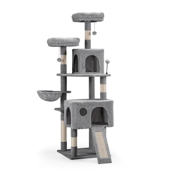 Petzly Cat Tree Tower Scratching Post Scratcher Condo House Bed 164cm Beige/Grey Grey