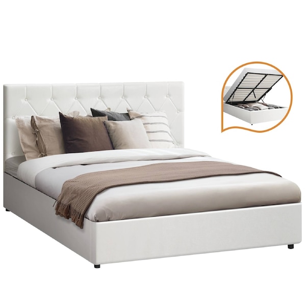 Oikiture Bed Frame Queen Double King Single Gas Lift Storage Base White Leather Double